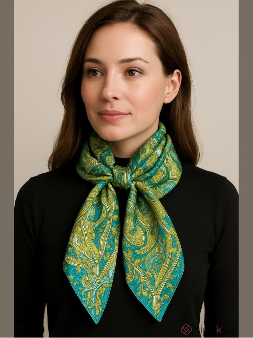 Vintage paisley silk scarf hand rolled & hand stitched edges blue green white